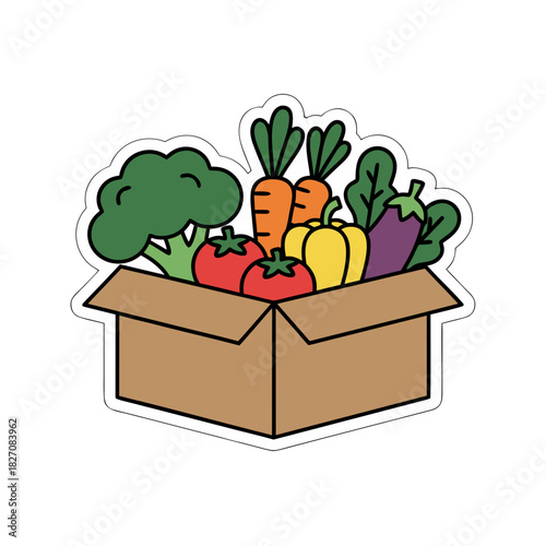 Cardboard box overflowing with fresh colorful vegetables including tomatoes broccoli carrots bell pepper and eggplant against a white background with a sticker outline