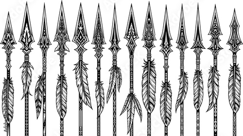 Tribal spear designs, decorative spearheads, ethnic weapon vector illustration, native ornamental arrows with feathers, ancient warrior style graphic set