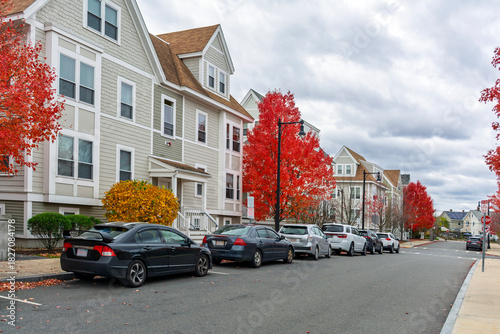 A quiet residential street lined with vibrant red autumn trees on an autumn day in Brighton, Massachusetts in the Brighton area of Boston, Massachusetts, USA
