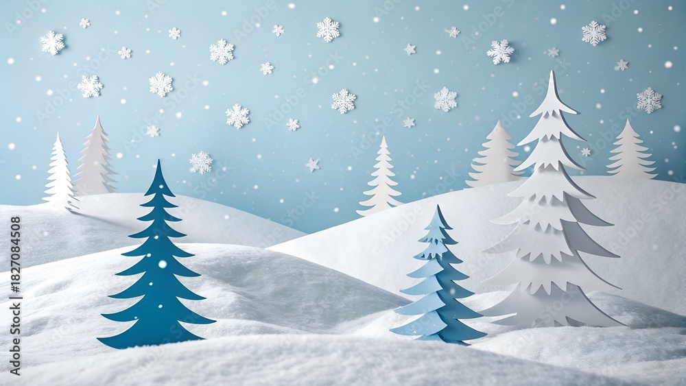 Obraz premium Whimsical paper cutout winter landscape with snowing trees and hills
