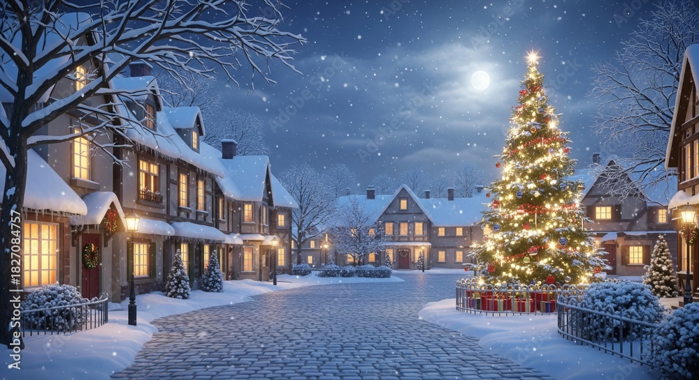 Fototapeta premium Snowy christmas village scene with a brightly lit christmas tree under a full moon on a cobblestone street with snow covered houses and falling snow at night