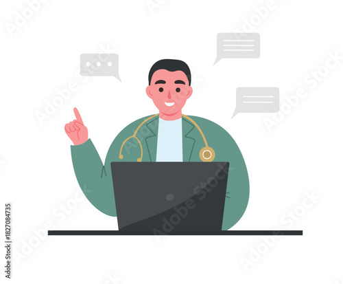 The doctor provides an online consultation, communicating via laptop. Vector flat graphics.