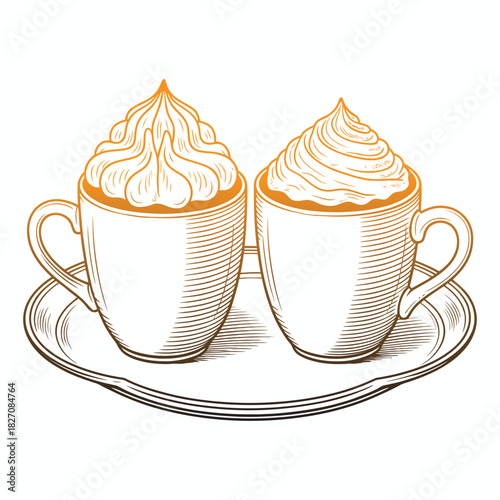 Assorted hot beverages including coffee, tea, and tea served with cake