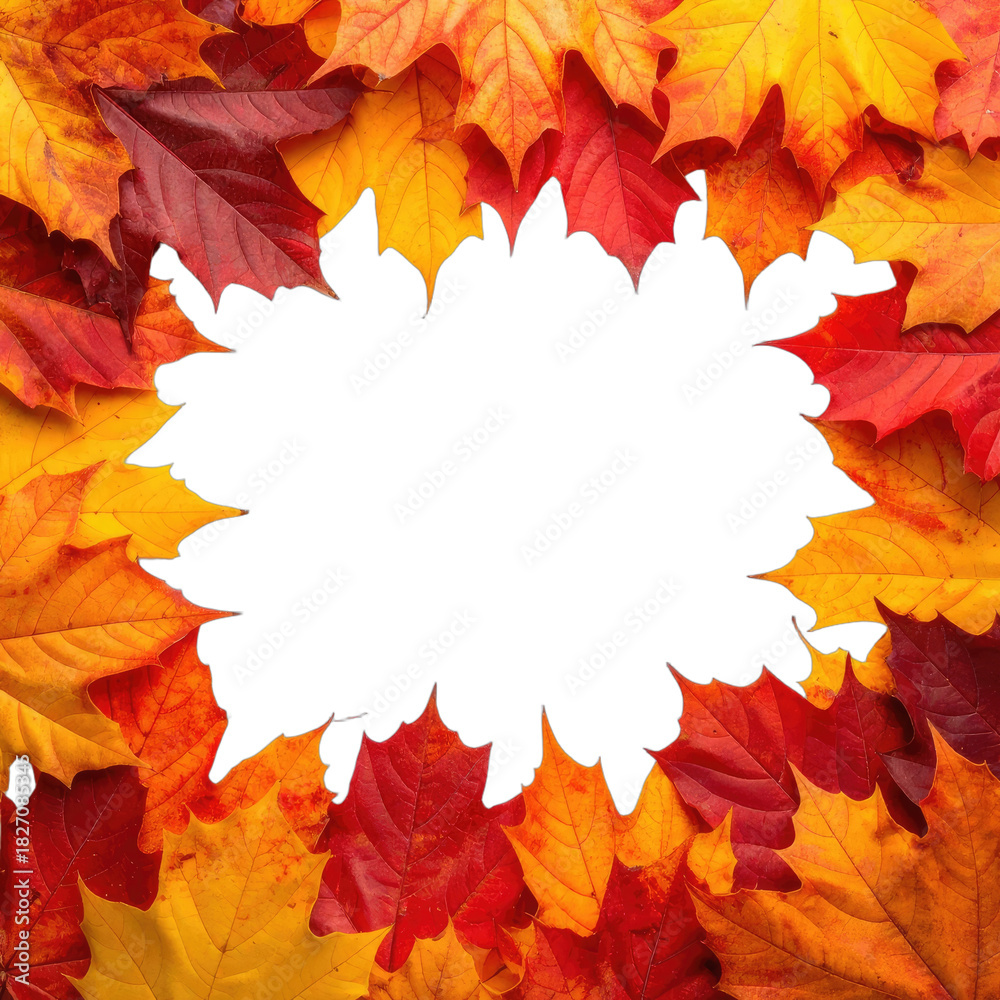 Obraz premium Vibrant autumn maple leaves form a colorful frame around a black center space.