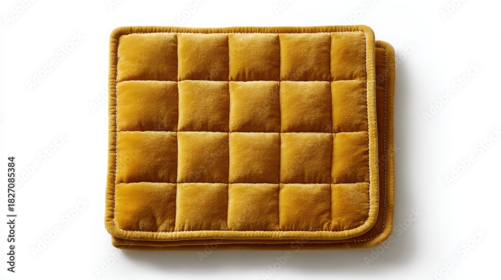 Obraz premium Yellow velvet quilted fabric cushion creating a soft texture, warm color aesthetic, and comfortable home decor element on white background with copy space