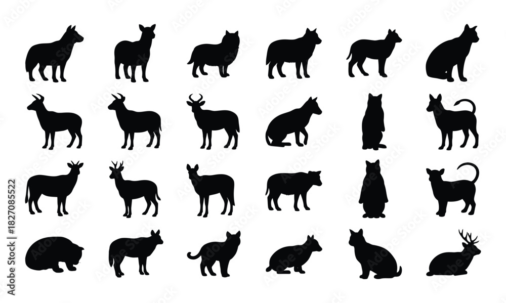 Obraz premium Collection of diverse animal silhouettes vector illustration isolated on white background in artistic style