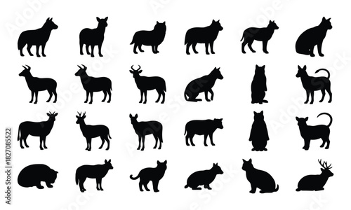 Collection of diverse animal silhouettes vector illustration isolated on white background in artistic style