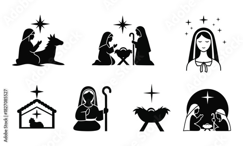 Elegant Nativity Scene Illustrations in Black and White Vector Format Perfect for Christmas Projects