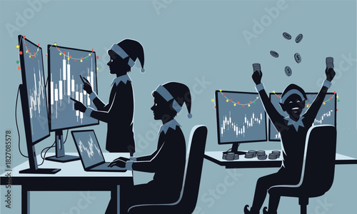 Christmas Elves Stock Traders with Festive Decorations and Financial Success Celebration Concept