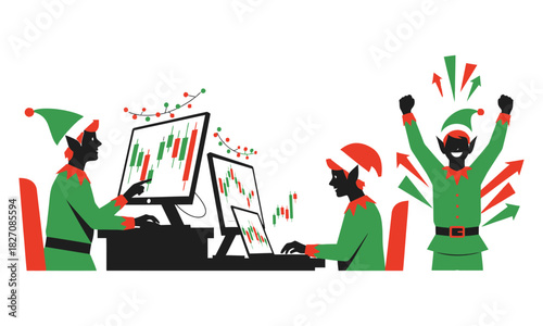 Christmas Elves Day Trading Stock Market on Computers with Candlestick Charts and Celebrating Success