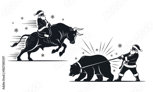 Santa Claus riding a bull while another Santa is pulling a bear winter season holiday themed