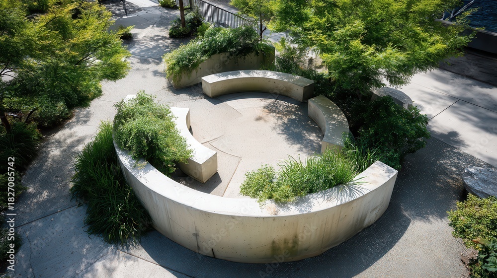 Fototapeta premium Modern urban park design featuring circular concrete benches and planters creating a serene communal space for relaxation and social gathering in a contemporary green environment