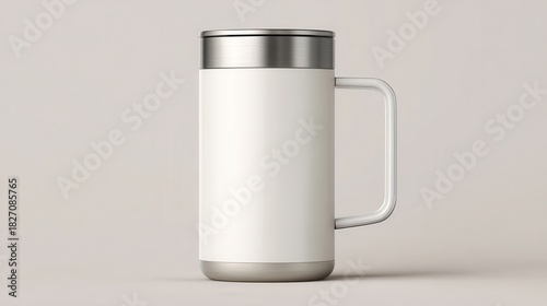 White travel mug with silver lid and handle on a light background
