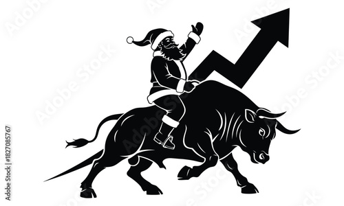 Santa Riding a Bull with Stock Market Arrow Going Up Symbolizing Positive Financial Growth