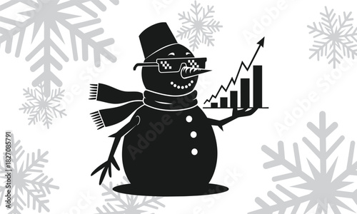 Festive winter season snowman with financial chart showing upward trend perfect for holiday promotions