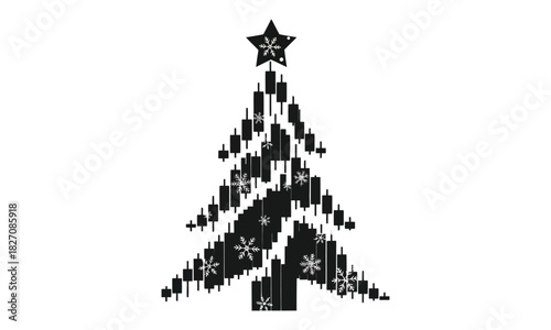 Christmas Tree Made with Candlestick Charts and Snowflakes on a White Background