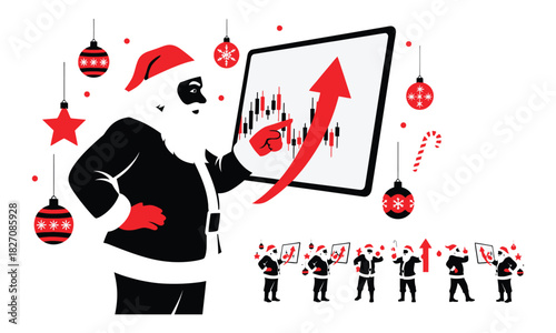 Santa Claus analyzing positive stock market trends for Christmas season business investments success