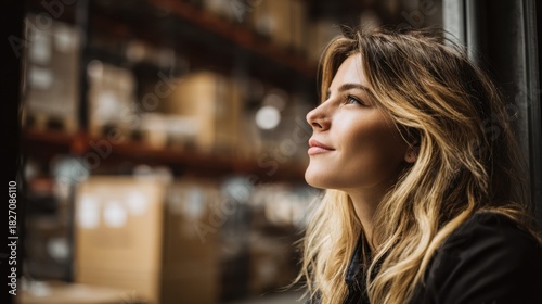 Young woman smiles looking up thoughtfully, envisioning future success in busy warehouse environment.