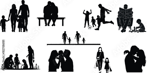 Silhouette illustrations of families couples and children in various activities and poses
