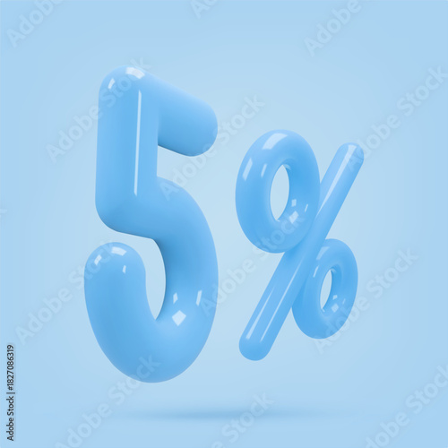 Blue icon, 3d render five percent sign, 5 %. Realistic design element. Vector illustration isolated on blue for postcard, icons, poster, banner, web, design, arts. Black Friday Sale