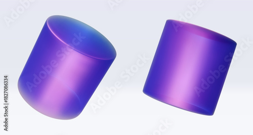 3d iridescent hologram cylinder, barrel. Render geometry figure in purple, pink, blue colors. Vector illustration isolated on white for design projects, product display, presentation, adv