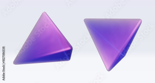 3d iridescent hologram triangle, pyramid. Render geometry figure in purple, pink, blue colors. Vector illustration isolated on white for design projects, product display, presentation, adv