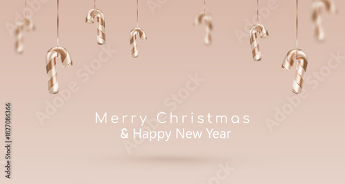 Banner with golden candy cane with gold and white stripes. Christmas vector illustration for postcard, business card, decor, design, arts, party, sale, advertising