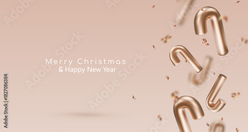 Banner with golden candy cane. Christmas vector illustration for postcard, business card, decor, design, arts, party, sale, advertising