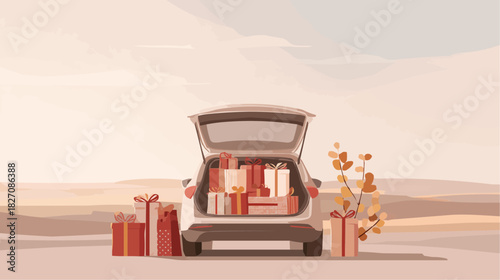Open car trunk filled with wrapped packages for special occasions and celebration marketing campaigns, with space for text
