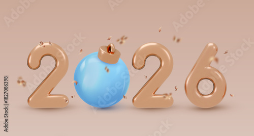 Realistic icon, 3d render, golden numbers 2026 with blue Christmas ball. Isolated on gold background. Happy New Year Vector illustration for card, party, design, flyer, banner, web, advertising