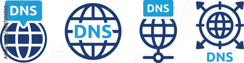 dns, domain name system, globe, world, network, connection, internet, technology, data, server, communication, icon, set, collection, design, graphic, illustration, blue, dark blue, white background
