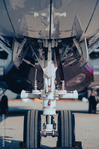 Close-up of aircraft nose landing gear and wheel assembly with landing gear doors open. Shot from ground level showing detailed aircraft undercarriage.