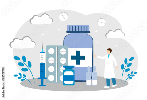 Pharmacist with medicines, pills, ambules, syringe and bottles. Pharmacological concept