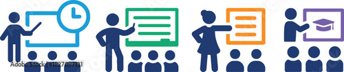 education, presentation, teaching, learning, classroom, teacher, student, audience, lecture, lesson, board, clock, time, graduation cap, knowledge, information, discussion, group, people, icon, set, g