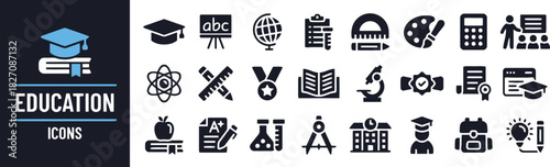 education icons, school icons, learning, knowledge, graduation cap, book, apple, atom, microscope, globe, calculator, paint palette, ruler, pencil, protractor, beaker, diploma, backpack, lightbulb, st