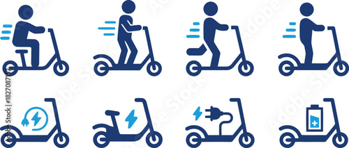 electric, scooter, e-scooter, icon, transportation, mobility, personal, vehicle, riding, sitting, standing, charging, battery, power, plug, lightning, bolt, speed, movement, graphic, design, symbol, m