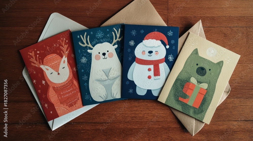 Obraz premium Holiday card set with cheerful greetings and character illustrations
