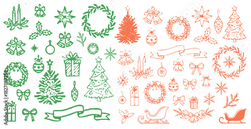 Retro whimsical vintage new year 2026 table and home decor set in doodle line art print style, hand drawn ink winter xmas party invitation card elements.