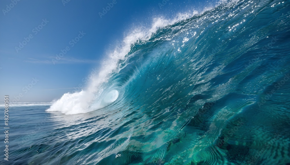 Naklejka premium Majestic Force: A Powerful Ocean Wave Cresting at its Peak Under a Clear Blue Sky