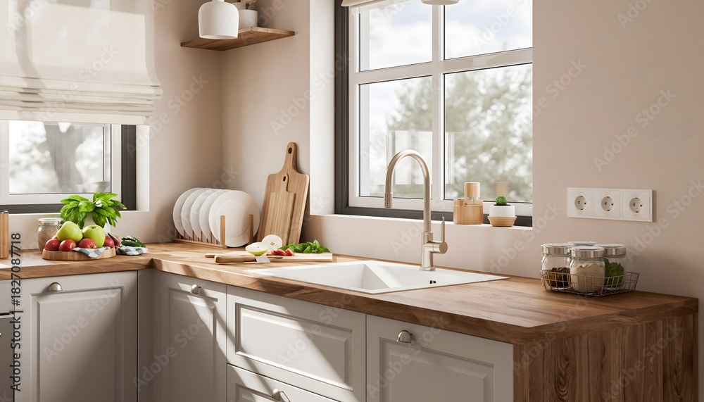 Fototapeta premium Luminous Culinary Spaces: Bright and Inviting Kitchens Bathed in Natural Light with Modern and Scandinavian Touches