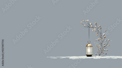 A minimalist winter branch with gold accents and lantern against serene grey background with space for text for luxury corporate branding and premium holiday campaigns