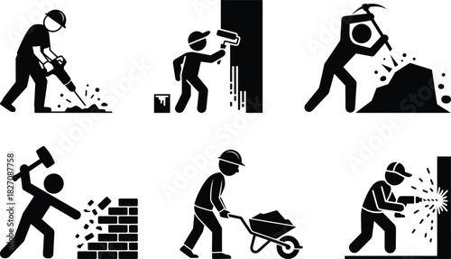 Building construction and renovation work activities pictogram set.