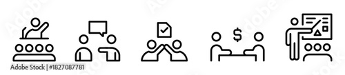 Conjunto de iconos de interacción humana. Comunicación y colaboración. Liderazgo, diálogo grupal, acuerdo aprobado, reunión financiera y capacitación. Ilustración vectorial