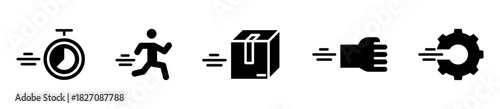 Conjunto de iconos de velocidad. Rapidez y acción dinámica. Cronómetro veloz, persona corriendo, caja rápida, puño acelerado y engranaje veloz. Ilustración vectorial