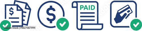 finance, money, dollar sign, bill, invoice, payment, paid, stamp, check mark, credit card, hand, transaction, business, icon, symbol, graphic, design, vector, blue, green, white background, accounting