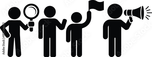 People search, communicate, lead, protest with megaphone, flag