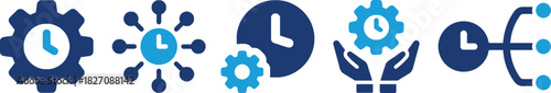 time, clock, gear, cogwheel, process, management, workflow, efficiency, icon, set, symbol, graphic, design, illustration, blue, white, network, connection, distribution, parallel, concept, operation, 