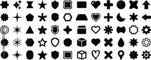 geometric shapes, symbols, icons, star, hourglass, shield, square, heart, cross, circle, hexagon, triangle, moon, arrow, gear, sunburst, pentagon, cube, teardrop, plus sign, minus sign, outline, solid