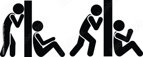 People hiding and peeking behind a pillar, black silhouette icon set