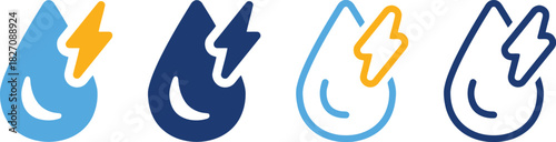 water, drop, lightning bolt, electricity, energy, power, blue, yellow, icon, symbol, clean energy, renewable energy, hydro power, water energy, storm, weather, fluid, liquid, droplet, flash, thunder, 